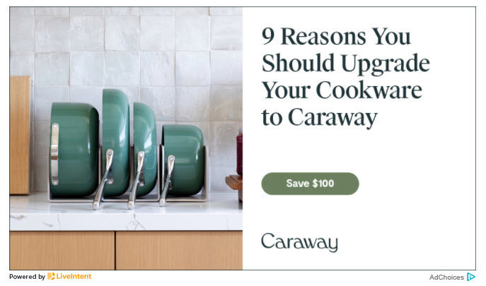A screenshot of a real email ad highlighting Caraway pans.