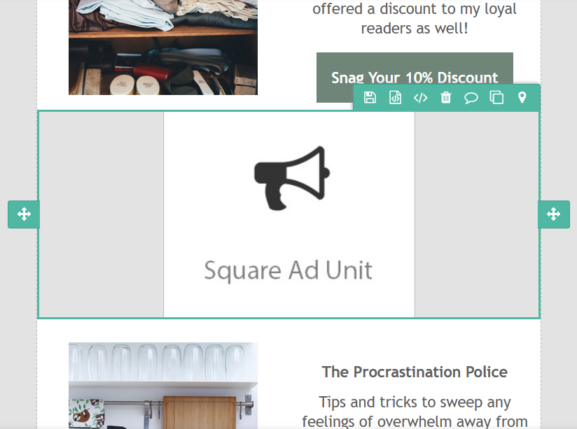 A screenshot from the visual mailing editor showing a square ad unit.