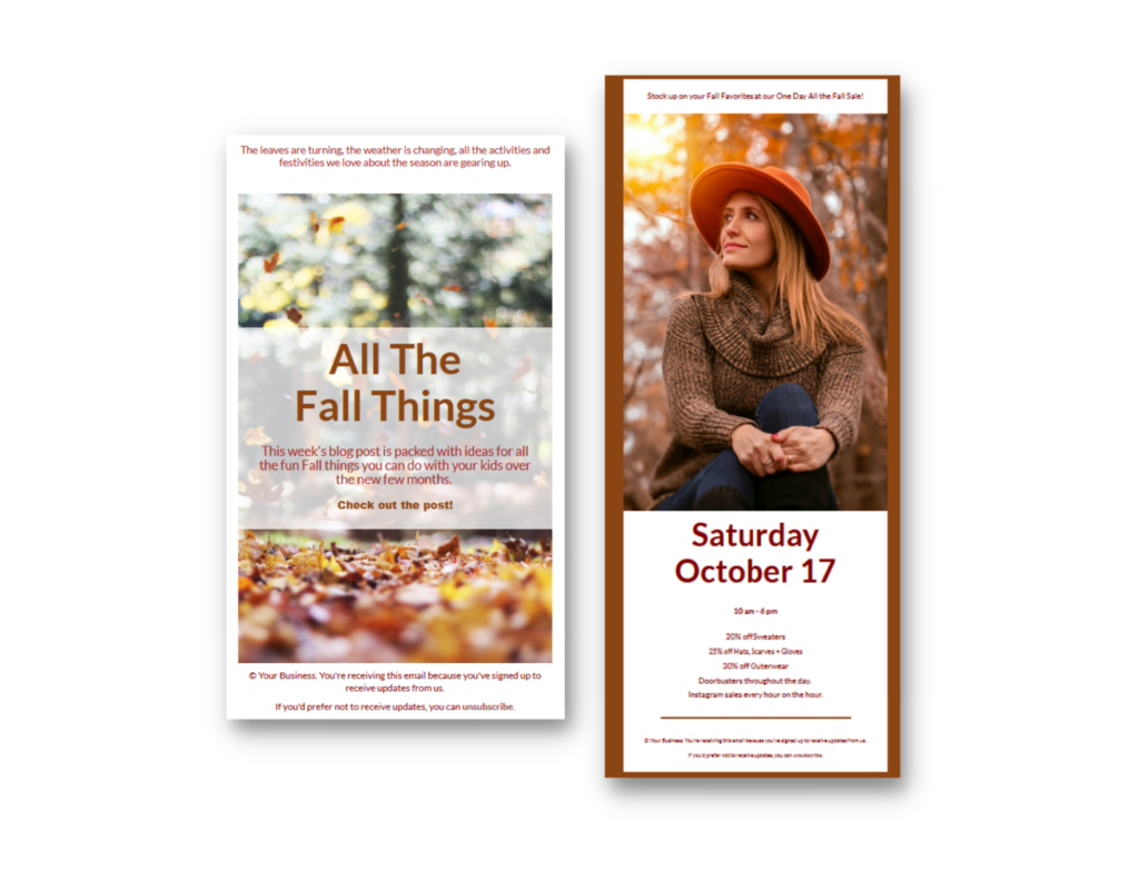 Screenshots of two Fall-themed email templates, both with large feature images and minimal text.