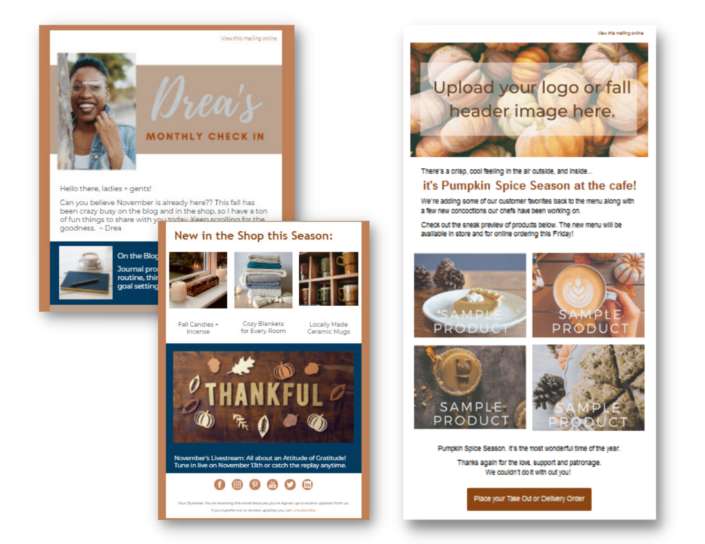 Screenshots of two Fall-themed email templates, both with multiple content sections, images, text, and call-to-action options.