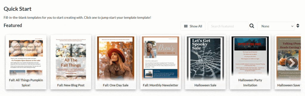 Screenshot showing the Fall and Halloween-themed email templates marked as Featured in the Quick Start Template library.