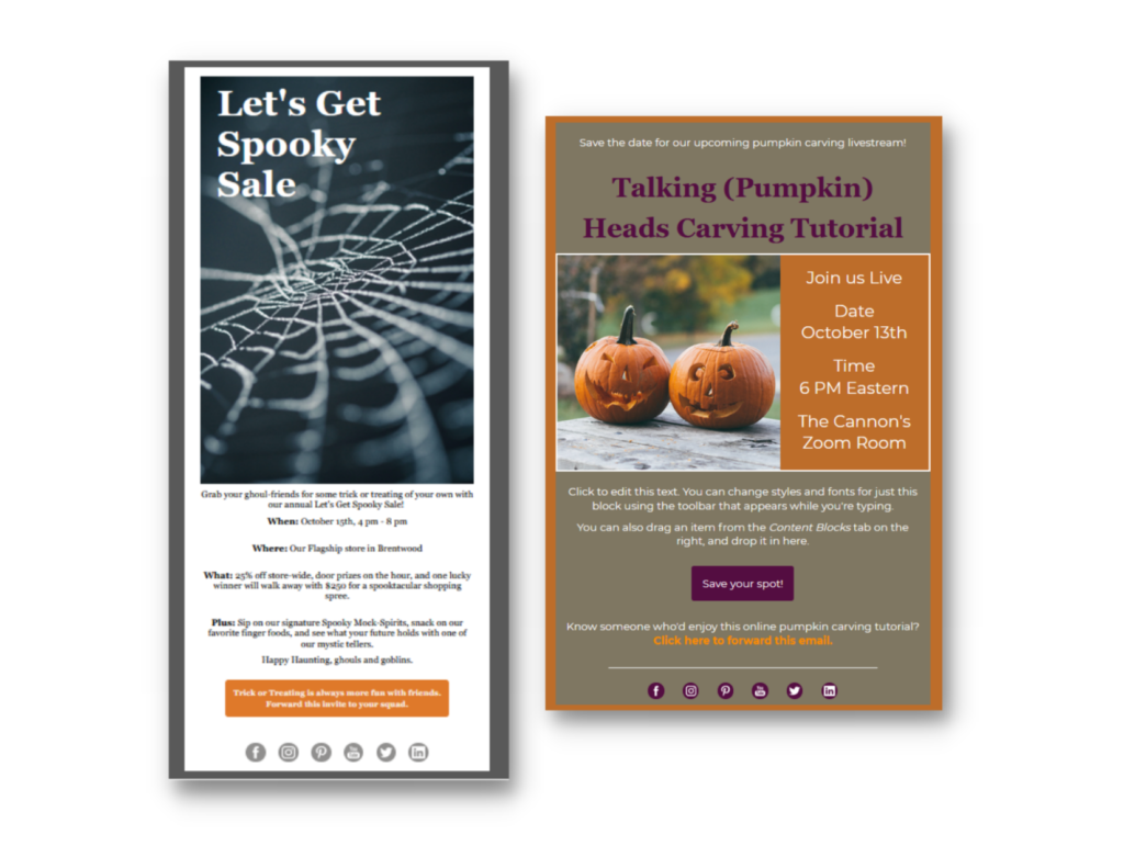 Screenshots of two Halloween-themed email templates, both using festive colors and designed to be event announcements or invitations.