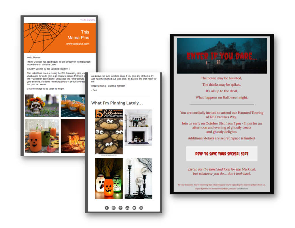 Screenshots of two Halloween-themed email templates, both using festive images and fonts, these templates use more advanced content blocks.
