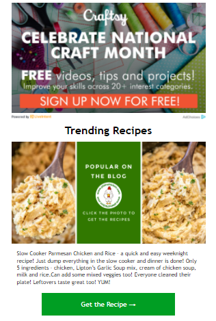 Screenshot of a recipe blog post email highlighting an email ad at the top of the email.