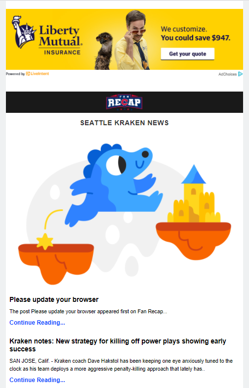 A screenshot of a sports fan email showing an ad in the email.
