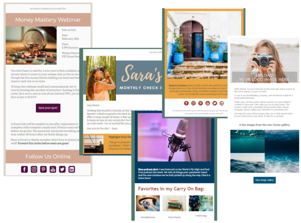 Collage showing three different email templates highlighting including a webinar sign up, a monthly newsletter with multiple blocks, and a photography email showcasing a gallery of images.
