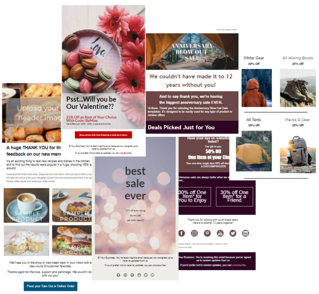 Collage showing four different email templates highlighting retail uses including a restaurant special's email, a Valentine's Day discount, a sale announcement, and an advanced retail template with multiple sections, blocks and images.