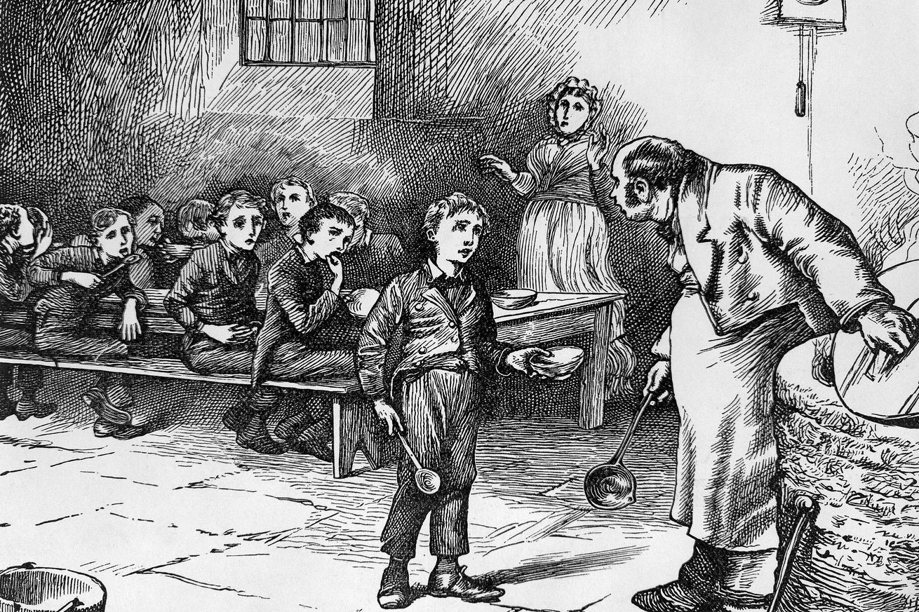 Illustration Depicting Oliver Twist Asking for More Food by J. Mahoney