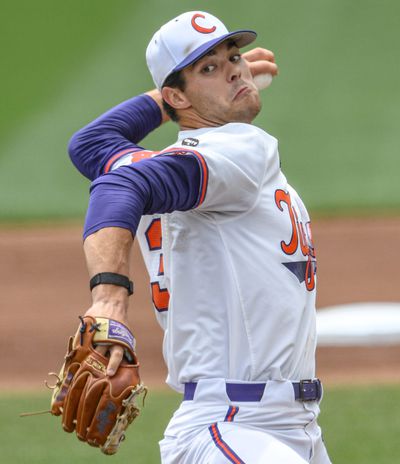Caden Grice delivers a pitch for Clemson against North Carolina on May 20, 2023