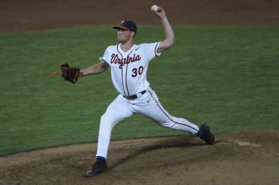 Nate Savino, a left handed pitcher, throws a pitch during the 2021 College World Series.