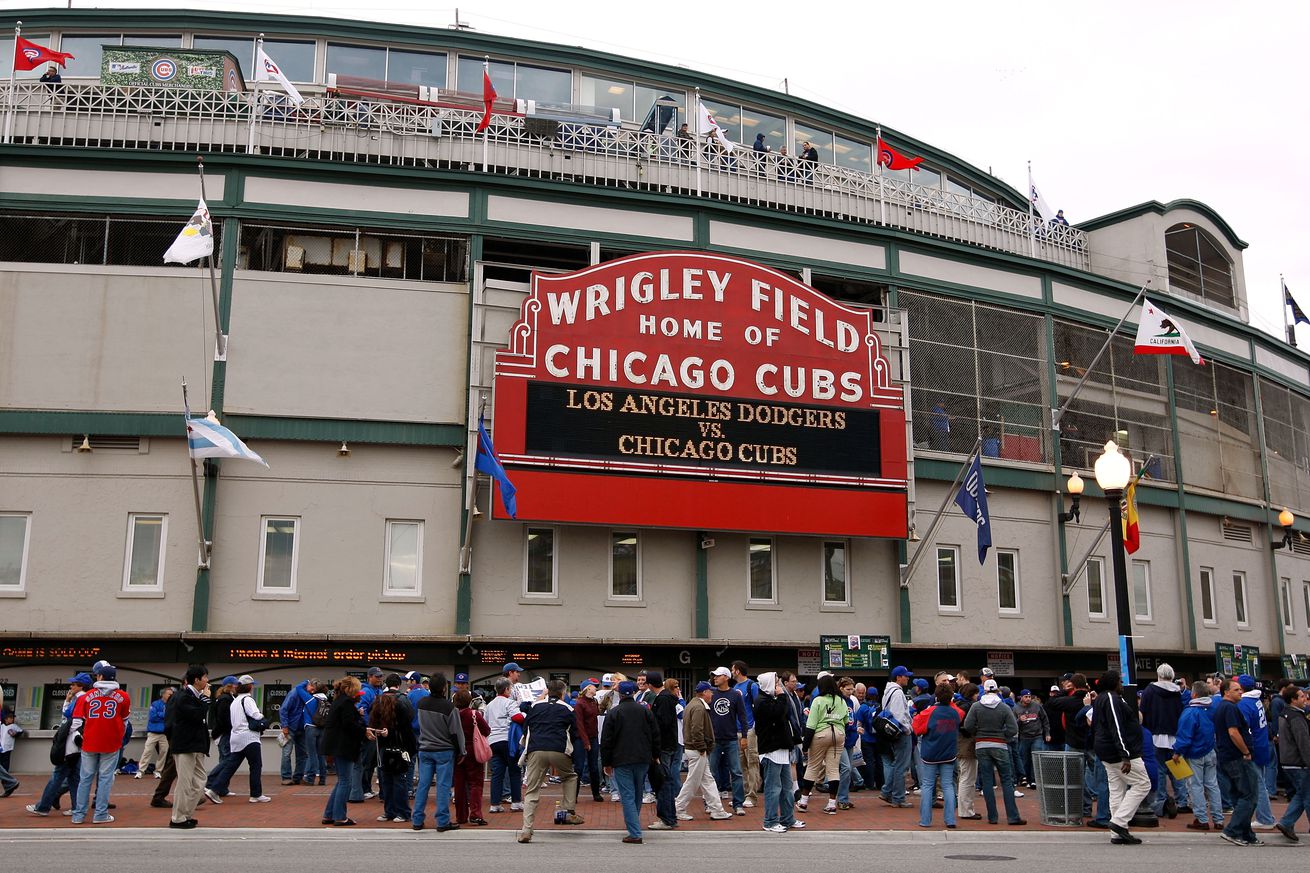 The Wrigley Field Marquee reading out that todays’ game is Dodgers @ Cubs
