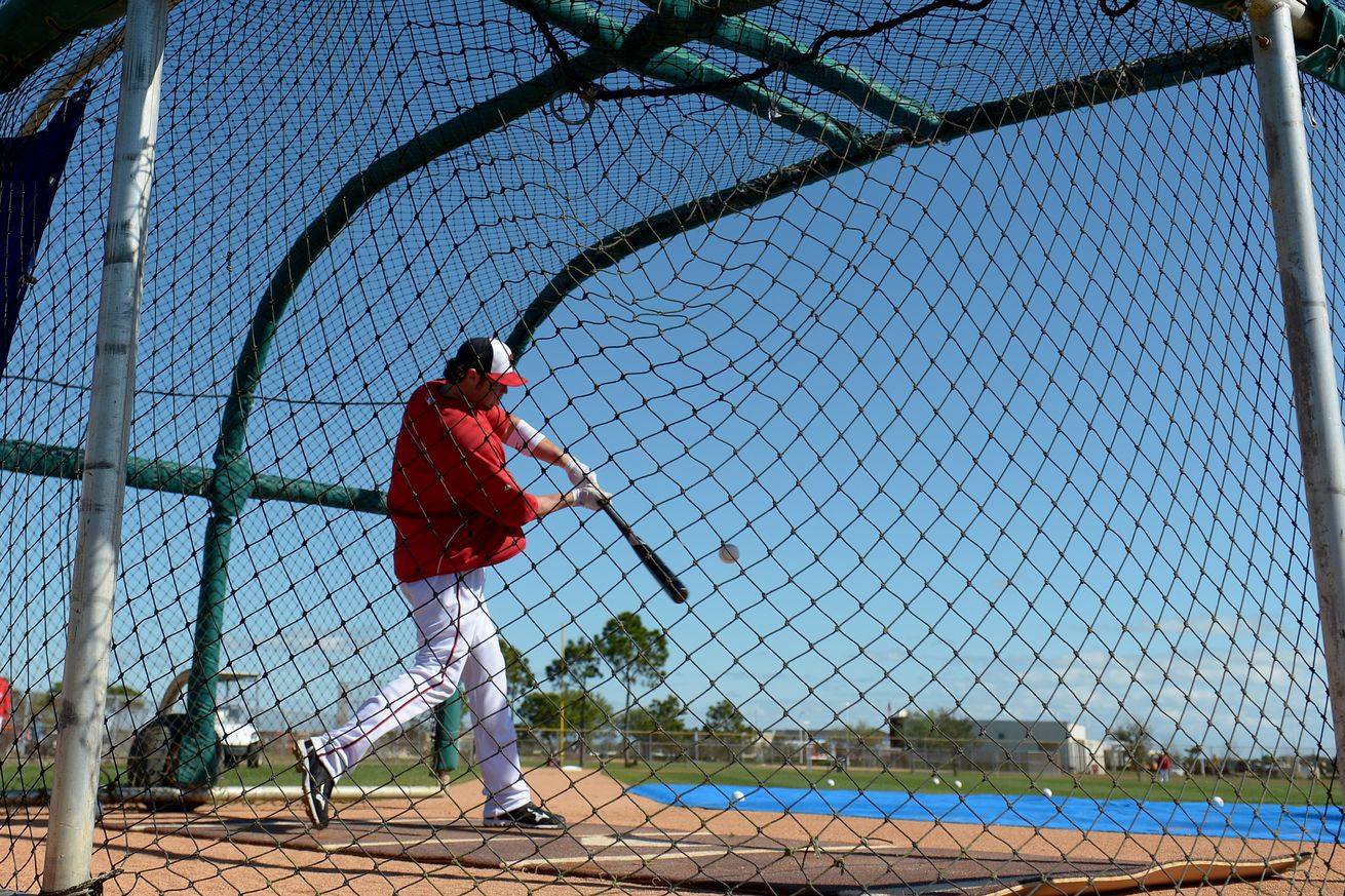 Micah Owings, in red, takes a swing in the batting cage under a perfectly blue sky during his unsuccessful attempt to come back as a position player.