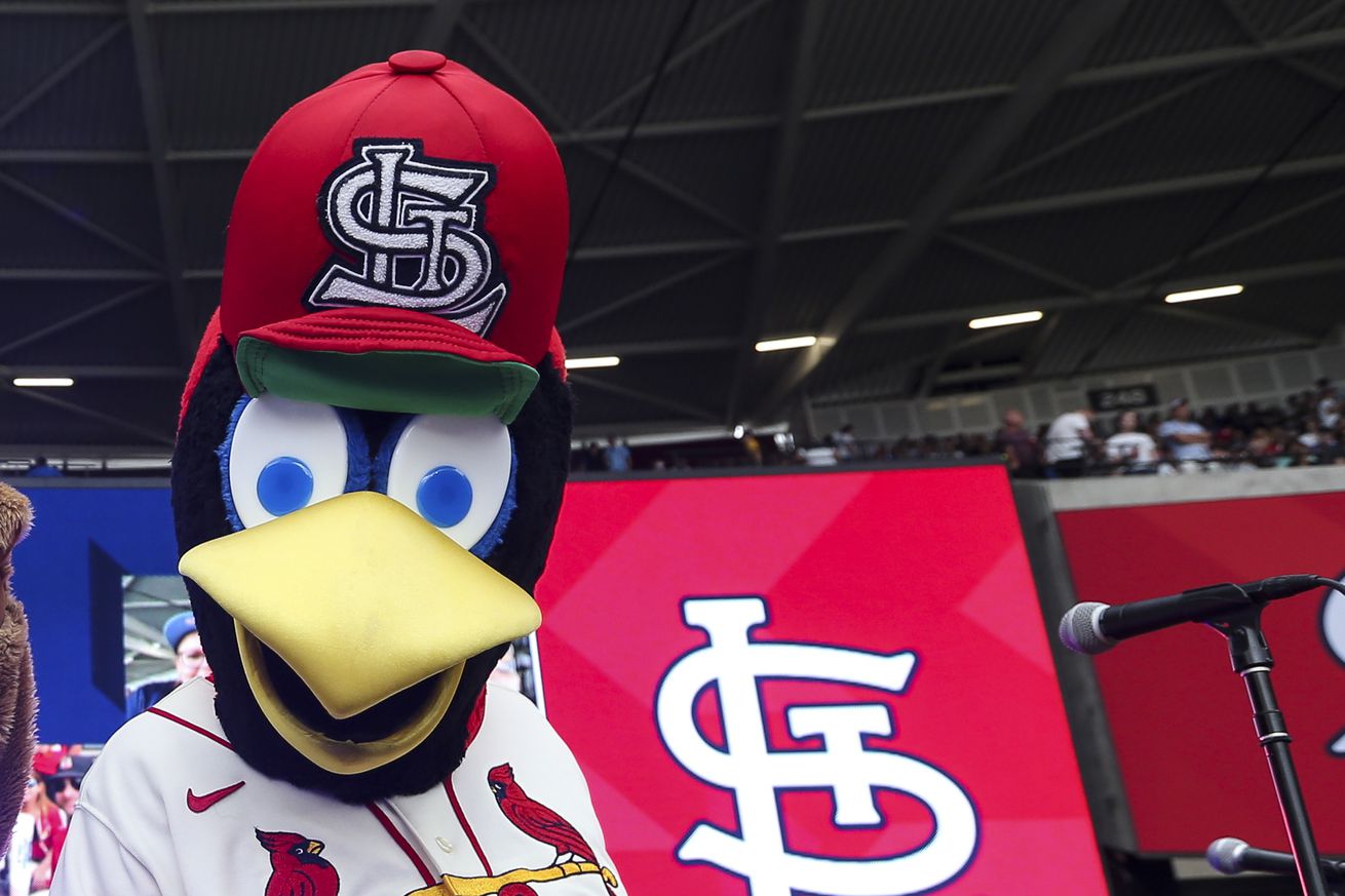 Fredbird, Cardinals Mascot and Clark, Cubs mascot during the 2023 London Series game between the Chicago Cubs and the St. Louis Cardinals at London Stadium on Saturday, June 24, 2023 in London, England.