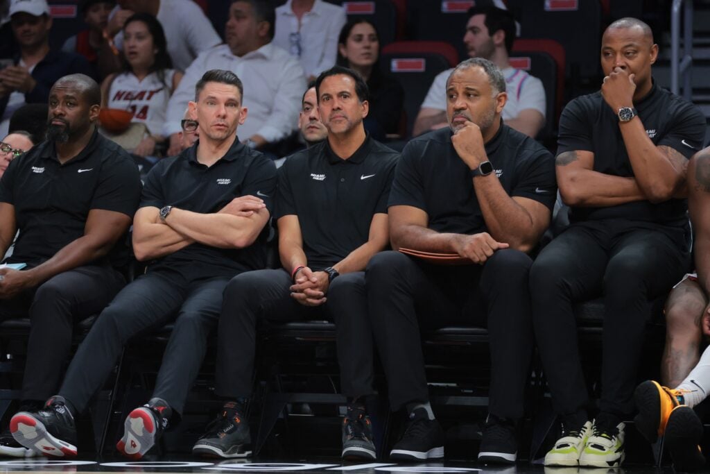Miami Heat associate head coach Chris Quinn (left), head coach Erik Spoelstra