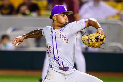 Anthony Eyanson delivers a pitch for the LSU Tigers against Little Rock in the Baton Rouge Regional.