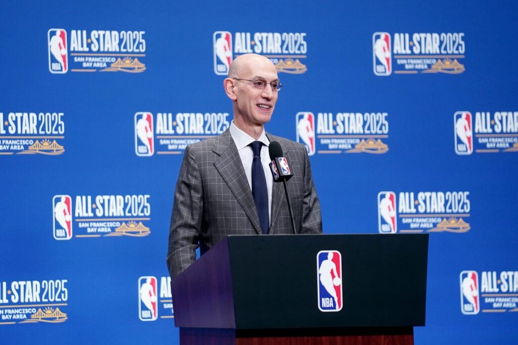 Feb 15, 2025; San Francisco, CA, USA; NBA commissioner Adam Silver speaks in a press conference during All Star Saturday Night ahead of the 2025 NBA All Star Game at Chase Center. Mandatory Credit: Cary Edmondson-Imagn Images