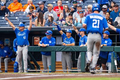 Ryan Waldschmidt scores a run for Kentucky against Florida in last year’s College World Series